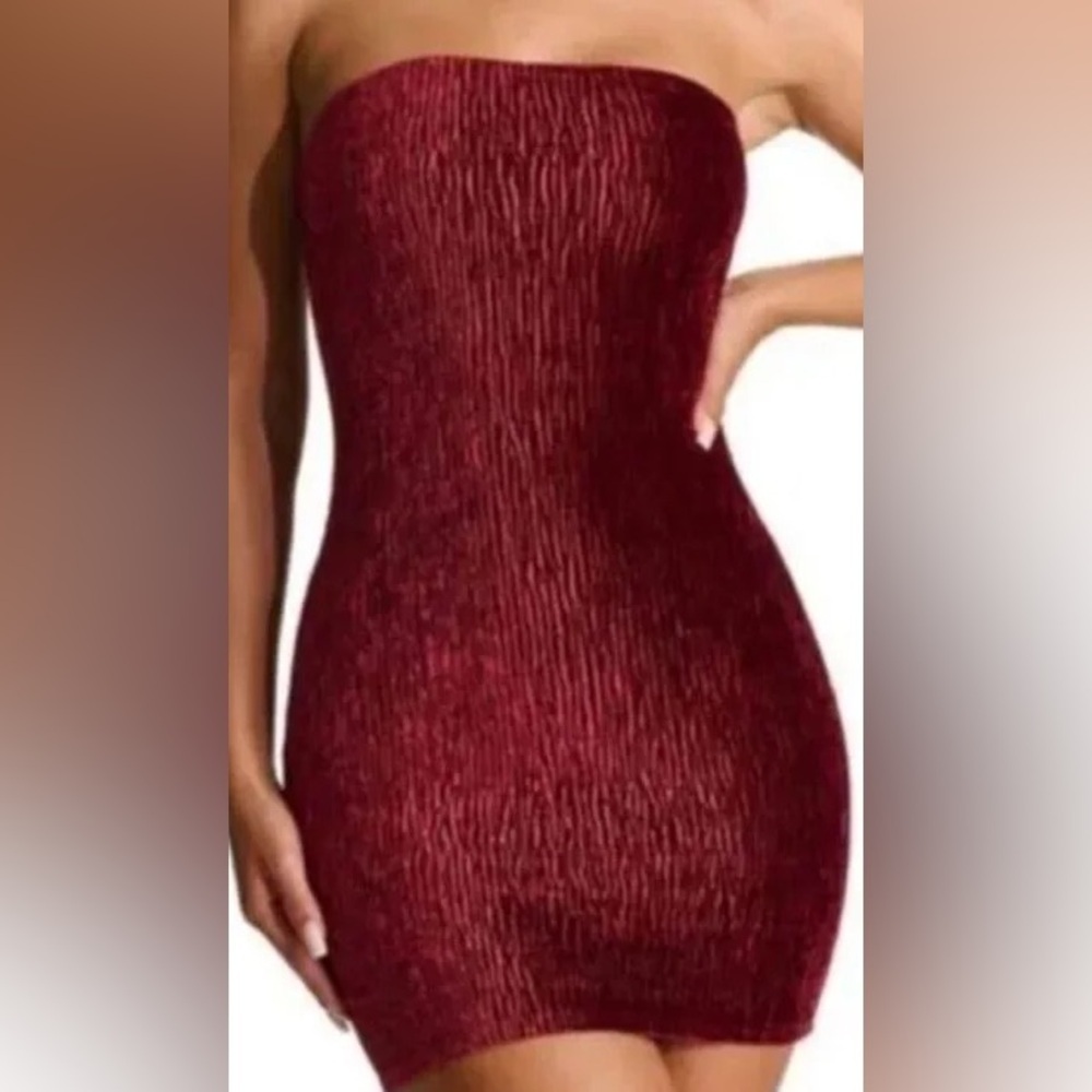 Naked Wardrobe Texture Plush Red Velvet Tube Strapless Minidress XL
